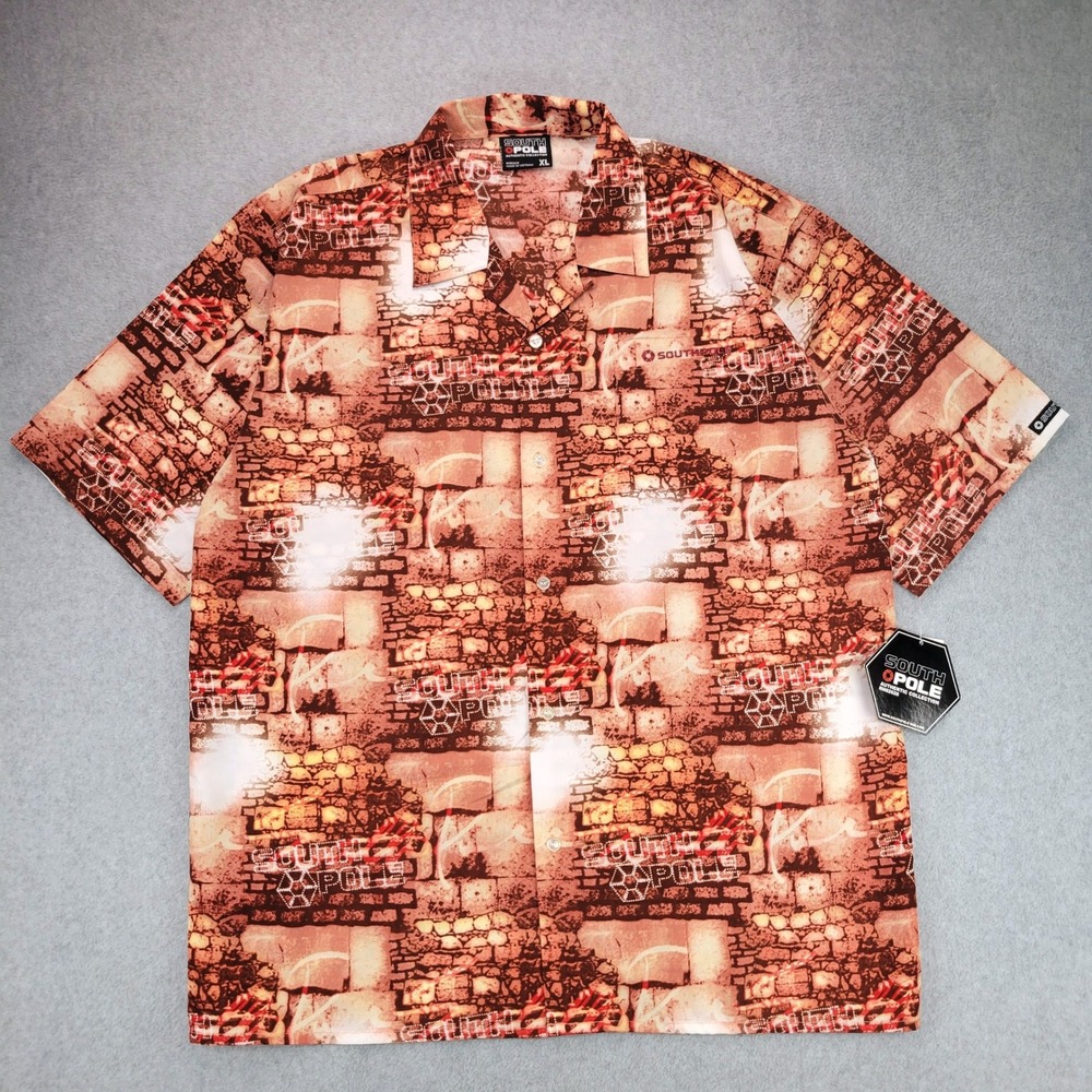 Southpole Button Up Camp Shirt Mens XL Red Brick Graffiti Y2K Streetwear Loop
